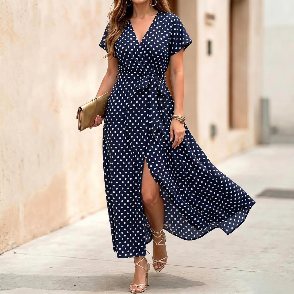 Women's V-Neck Short Sleeve Polka Dot Shirt Dress with Tie Waist and Flared Skirt