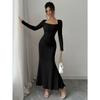 Elegant Sexy Long Sleeved Fishtail Dress Tight Fit Spring Pleated Square Collar Solid Color Party Maxi Long Dresses Evening Spring Bodycon Dress