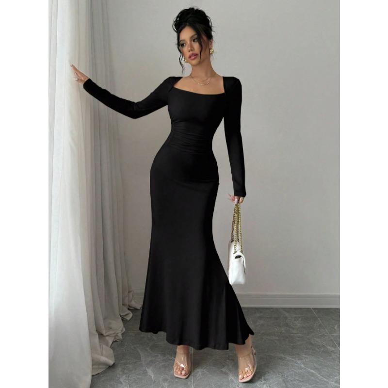 Elegant Sexy Long Sleeved Fishtail Dress Tight Fit Spring Pleated Square Collar Solid Color Party Maxi Long Dresses Evening Spring Bodycon Dress