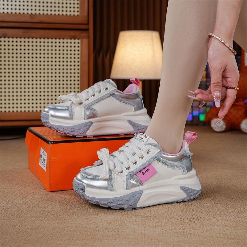 Spring Summer Increased 5CM Women Platform Sneakers High-quality Microfiber Leather Lace-up Women Vulcanized Shoes  Mujer