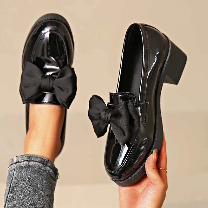 Fashion Fashion Bowknot Chunky Heels Pumps Women Patent Leather Platform Loafers Woman Elegant Slip On High Heels Dress Shoes Plus Size