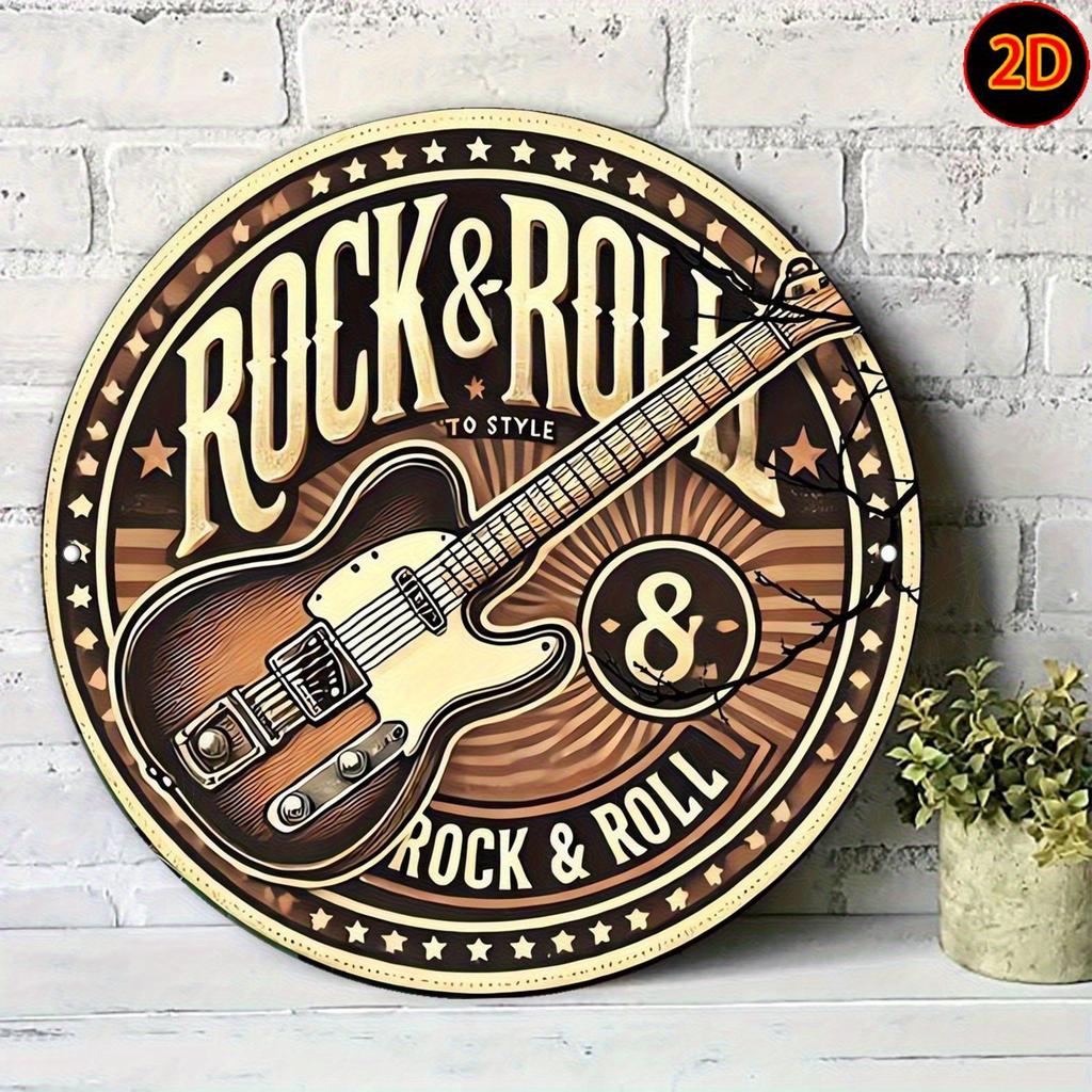Rock Roll To Style Guitar D Flat Round Metal Sign Retro Music Wall Decor for Man Cave Bar