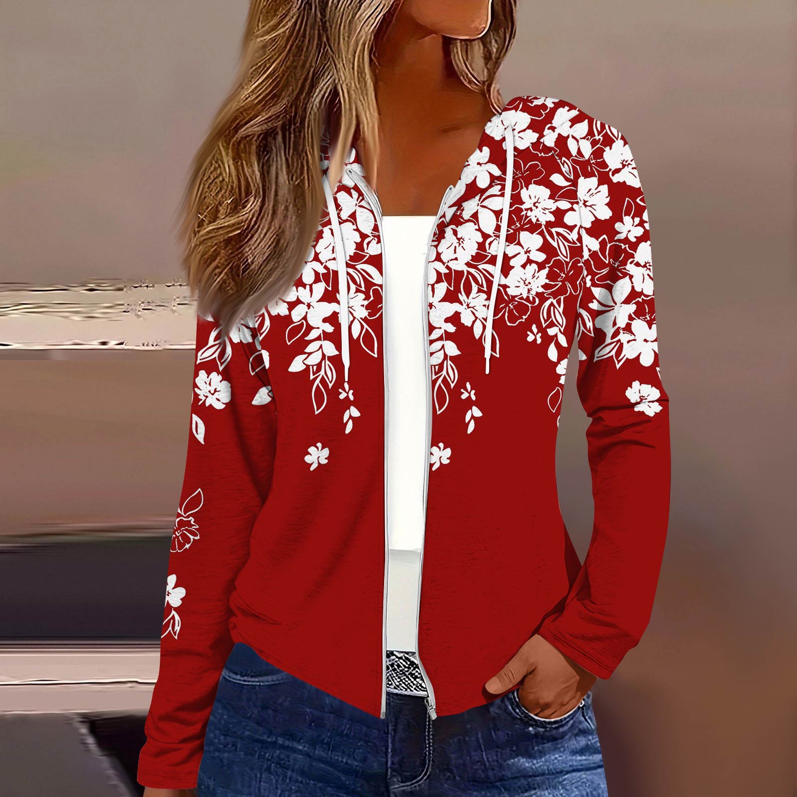 

Женская модная повседневная куртка с капюшоном на молнии с рождественским принтом и длинными рукавами XL красный