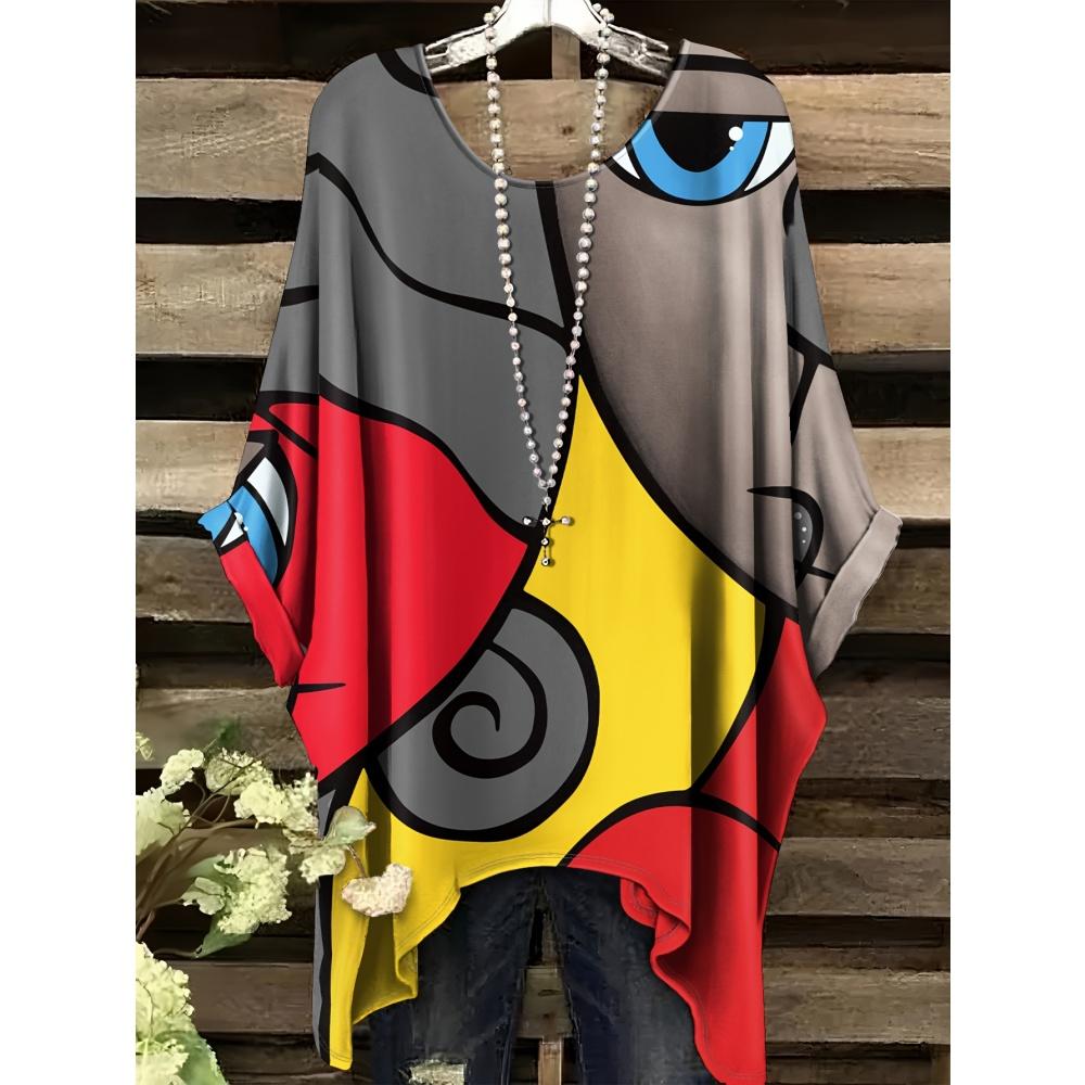 Damen T-Shirt Elegant Schwarz Gestreift Damen Gesichts Grafikdruck Tops Sommer Lässig Rundhals Kurzarm T-Shirts für Damen