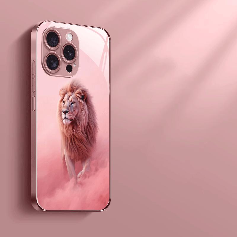 Lion Fashion Pattern Metallic Paint Glass Phone Case Suitable for iPhone 17 16 15 14 13 12 11 Pro Max Plus Anti Shock Back Cover