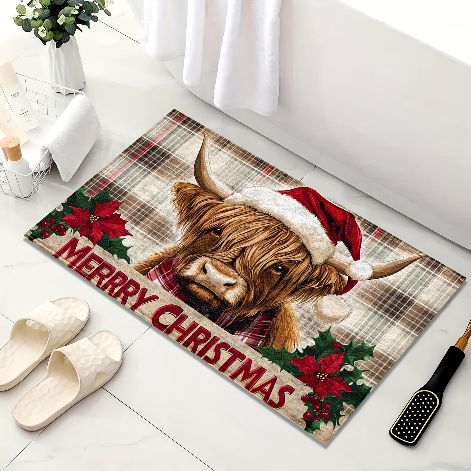 

Highland Cow with Santa Hat Doormat, Rustic Plaid Christmas Mat, Ultra-Fine Fiber Non-Slip Rug for Festive Home Decor 40x60cm