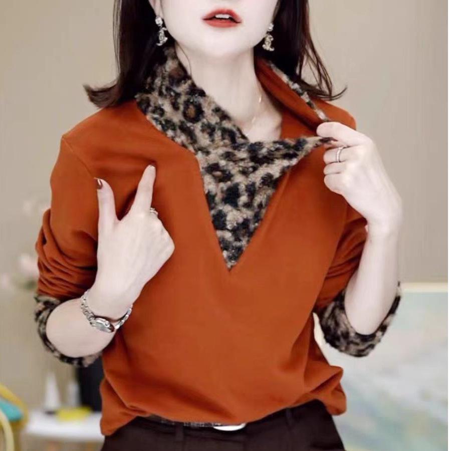 Leopard Print High Neck Slimming Mother's Top - Long Sleeve Patchwork Warm Base Layer
