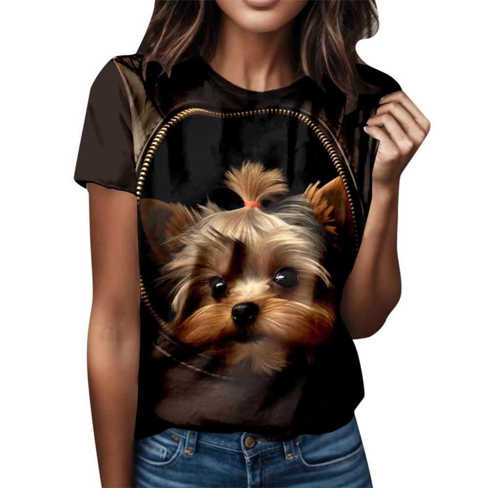 2026 Summer Round Neck Women's T-shirt Fashion 3D Kitten and Puppy Animal Print Short Sleeve T-shirt Cartoon Casual Top