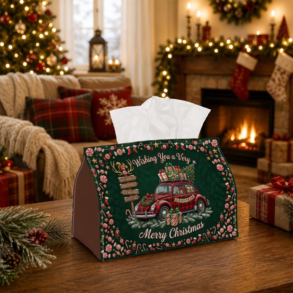 1pc Retro Festive Celebration Tissue Box | Multi-functional Seasonal Napkin Dispenser, Available Suitable for Home, Xmas Parties Vintage Car Present B