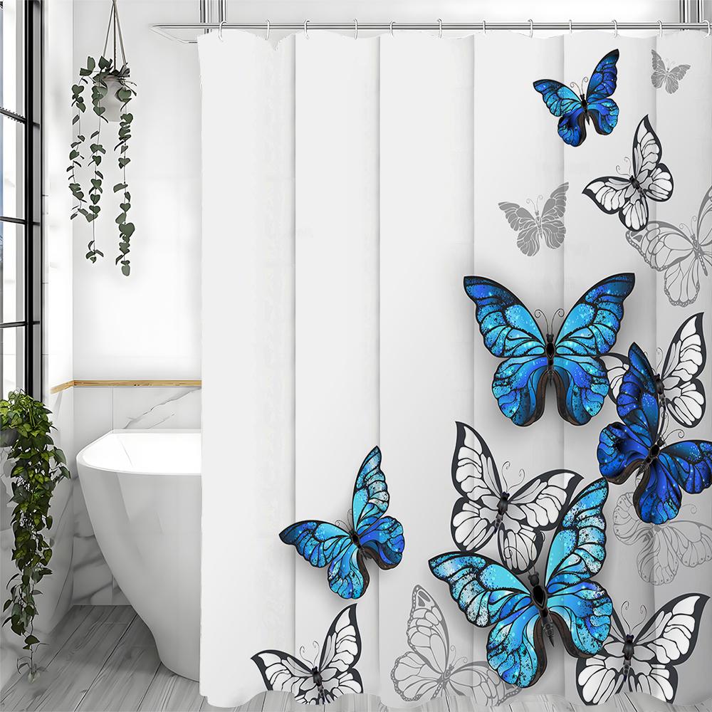 Blue White Gray Black Butterfly Shower Curtain, Bathroom Decorative Shower Curtain, Waterproof Shower Curtain with Hooks