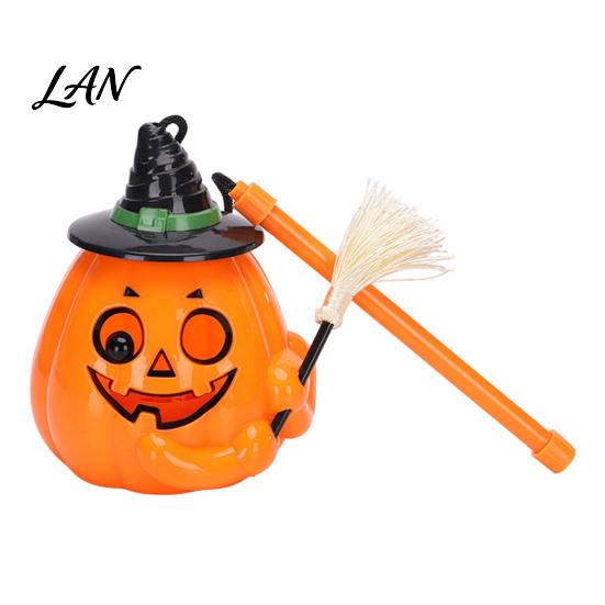 Handheld Pumpkin Pole Light Glowing Halloween Lantern, Jack O Lantern with Witch Hat Broom, Lightweight Prop Up Decor, Trick or Treat for Kids