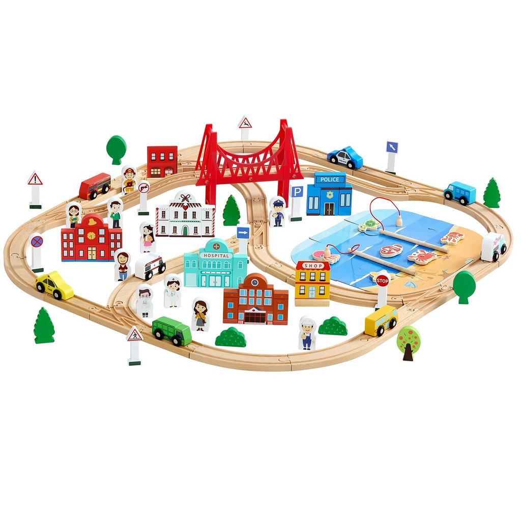 113PCS Wooden Train Set, for Kids Ages 3-8, Wood Train Track Toy with Storage Box, City Scene Railway Playset, Compatible with Major Brands, Christmas
