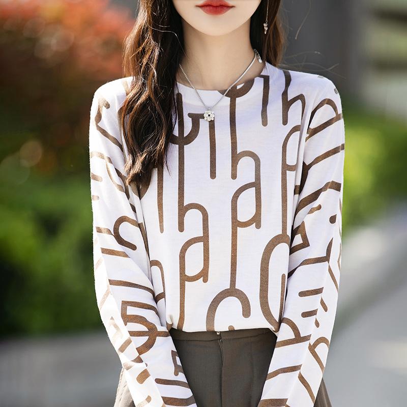 

Новый летний стиль Женская модная и универсальная футболка с круглым вырезом и длинными рукавами из шелка тутового дерева, вязаный свитер XL