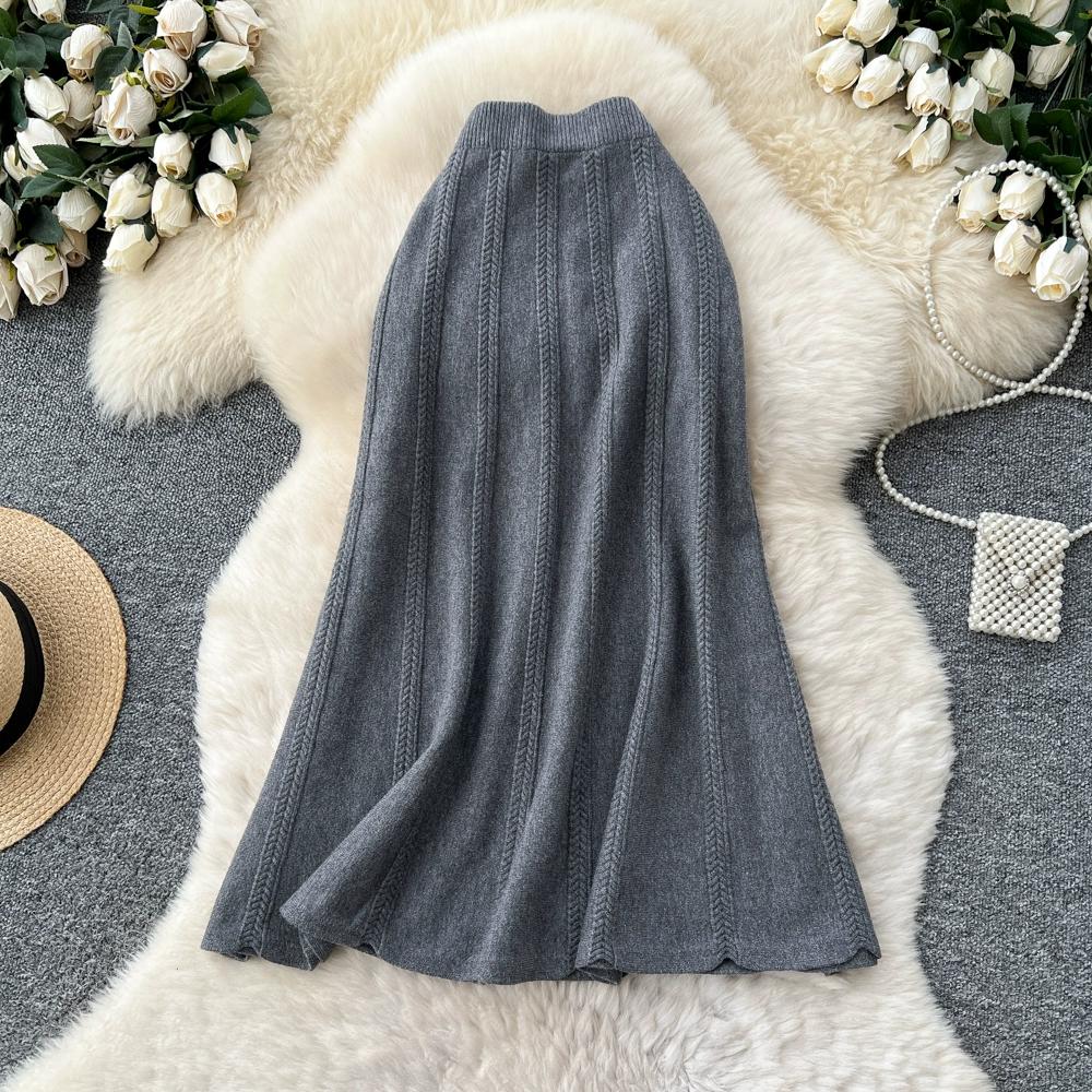 Autumn Winter Women Casual Twist Knitted Elastic High Waist Long Midi Skirt