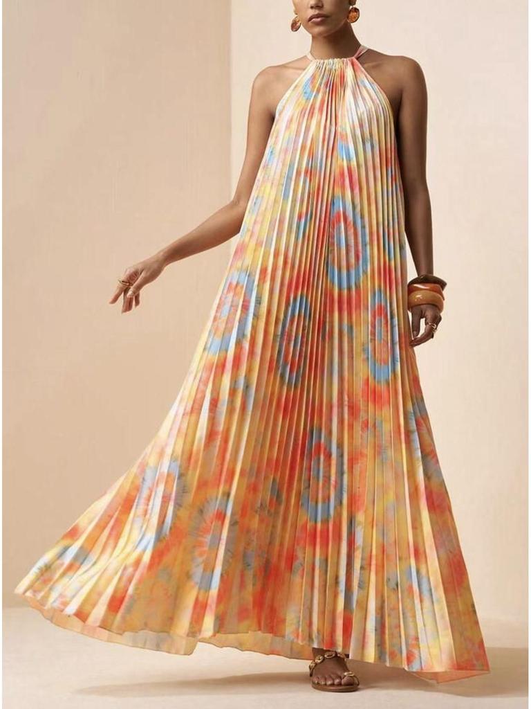 European & American Summer Resort Style Women's Lace-up Printed Pleated Dress