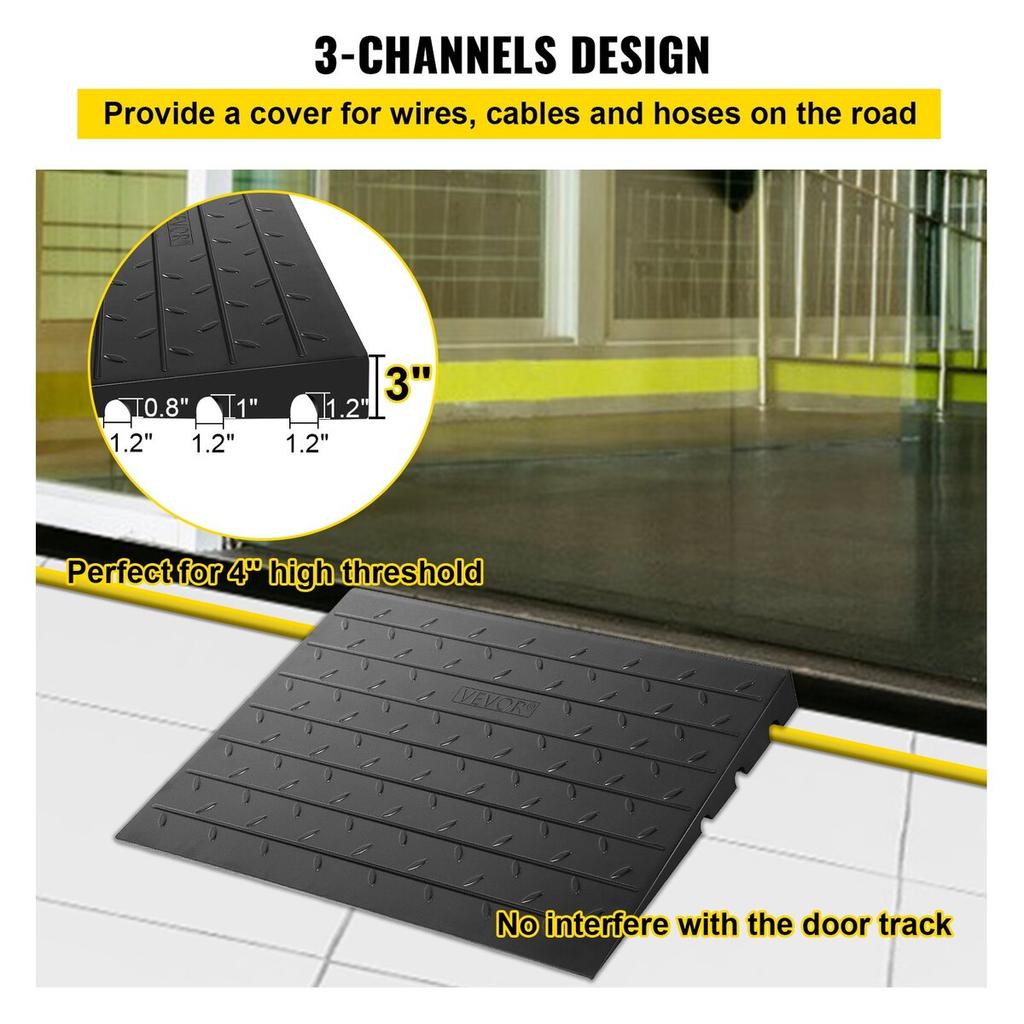 Rubber Threshold Ramp, 3" Rise Threshold Ramp Doorway, 3 Channels Cord Cover Rubber Solid Threshold Ramp, Rubber Angled Entry Rated 2200 Lbs Load