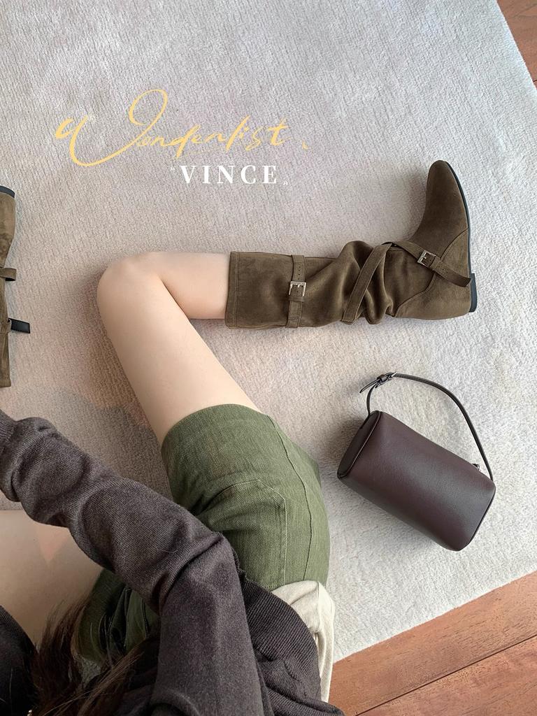 Cowhide Version Jialida Inner Height Increase 6cm Knight Boots Women's Cross Buckle Pleated Boots Slim Medium Boots