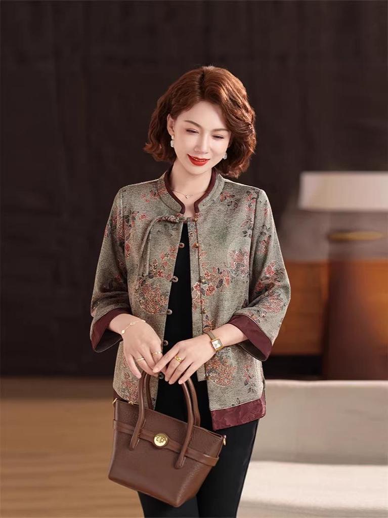 2026 Spring & Autumn Tang Suit Stand Collar Shirt for Middle-Aged & Elderly Women - Plus Size Chinese Style Mother's Wear