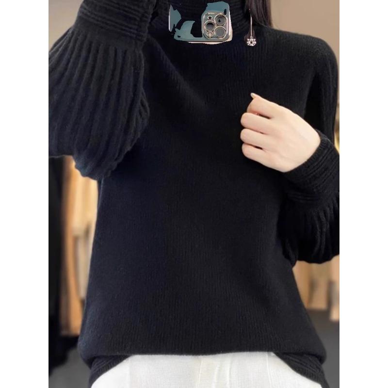New Autumn Winter Half Turtleneck Puff Sleeves Women Loose Knitted Base Sweater