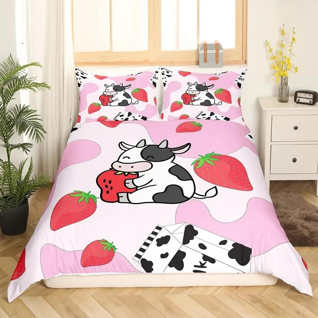 Milk Cow Pattern Bedding Set King Queen Animals Theme Comforter Cover Chocolate Brown Duvet Cover Cute Kawaii Cattle Quilt Cover