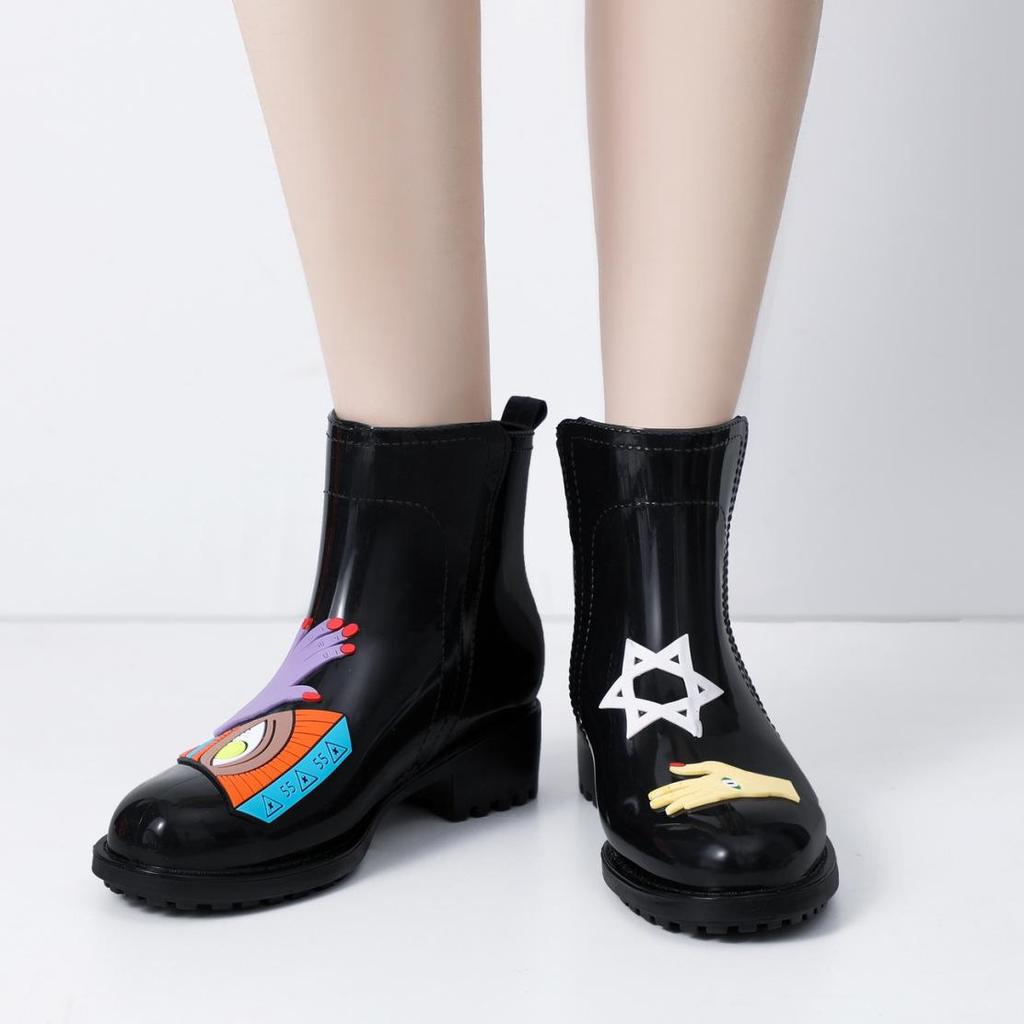 Black Hand-Painted Women's Low-Top Rain Boots - Soft Japanese & Korean Style, Garden Rubber Water Shoes