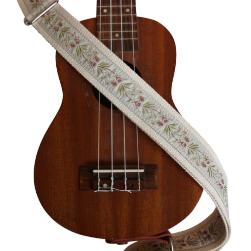MUSIC FIRST Original Design Vintage Floral Embroidered Genuine Leather Ukulele Strap, Ukulele Shoulder Strap with Genuine Leather Strap Locker