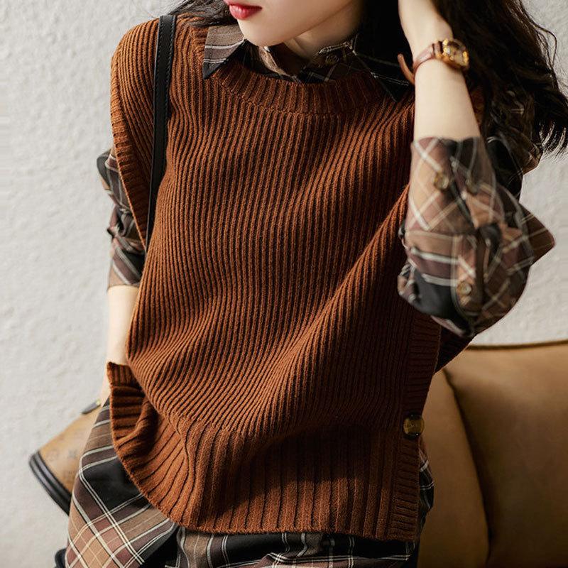 Split Design Sense Knitted Vest Retro Round Neck Versatile Outer Wear Thin Vest Sleeveless Vest Sweater Women
