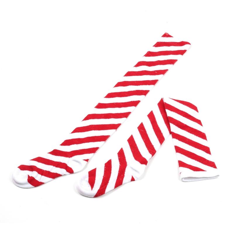 Women Girls Over Knee Long Socks Christmas Diagonal Striped Print Christmas Thigh High Stockings Holiday Party Hosiery