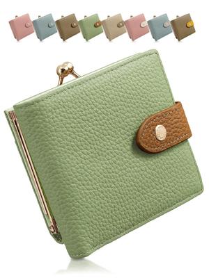 Annekor Genuine Leather Gamaguchi Coin Purse Women Wallet, Bifold, Compact Lightweight RFID Blocking/Skimming Prevention (Pistachio Green / Cinnamon)