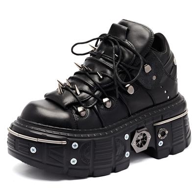 Cizme de damă cu platformă și dantelă, stil punk, cu gleznă, cu nituri metalice, cu vârf rotund, groase, pentru club de noapte, Rock