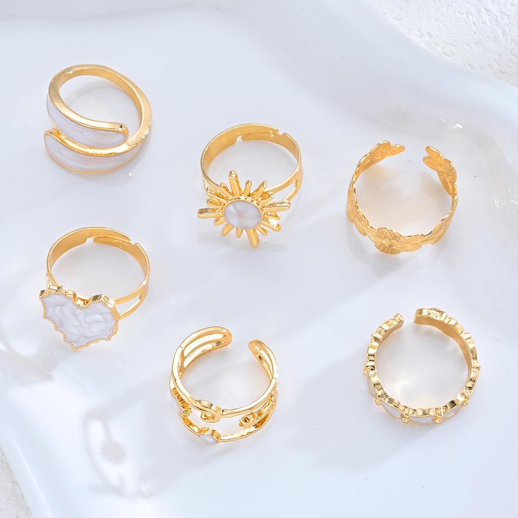 IF ME 6-Piece Fashionable Heart-Shaped Sun-Moon Sunflower Geometric Irregular Glitter Drip Ring Set Women's Holiday Party Jewelry