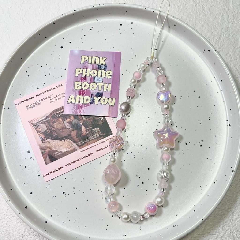 Cute 3D Pink Star Heart Beaded Phone Chain Charm Lanyard For iPhone Samsung Universal Anti-Loss Hanging Rope Jewelry