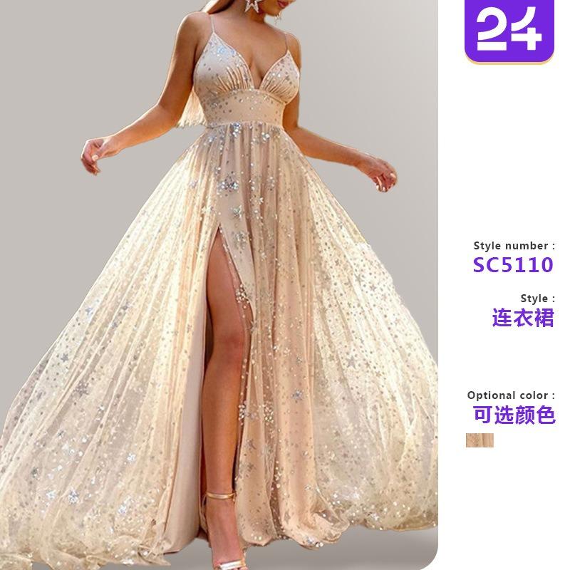Suer New Women's Clothing Suspender Long Dress with Waist Slits and Sequins Mopping Floor Pendulum Dress