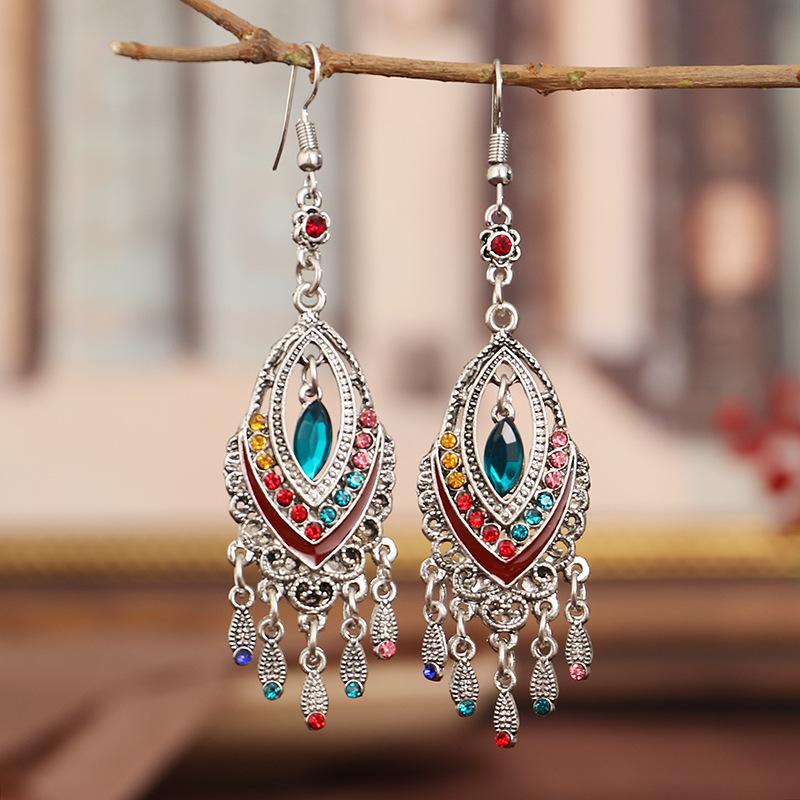 Bohemian Ethnic Colorful Rhinestone Acrylic Drop Earrings for Women Vintage Long Antique Silver Color Tassel Earrings Jewelry