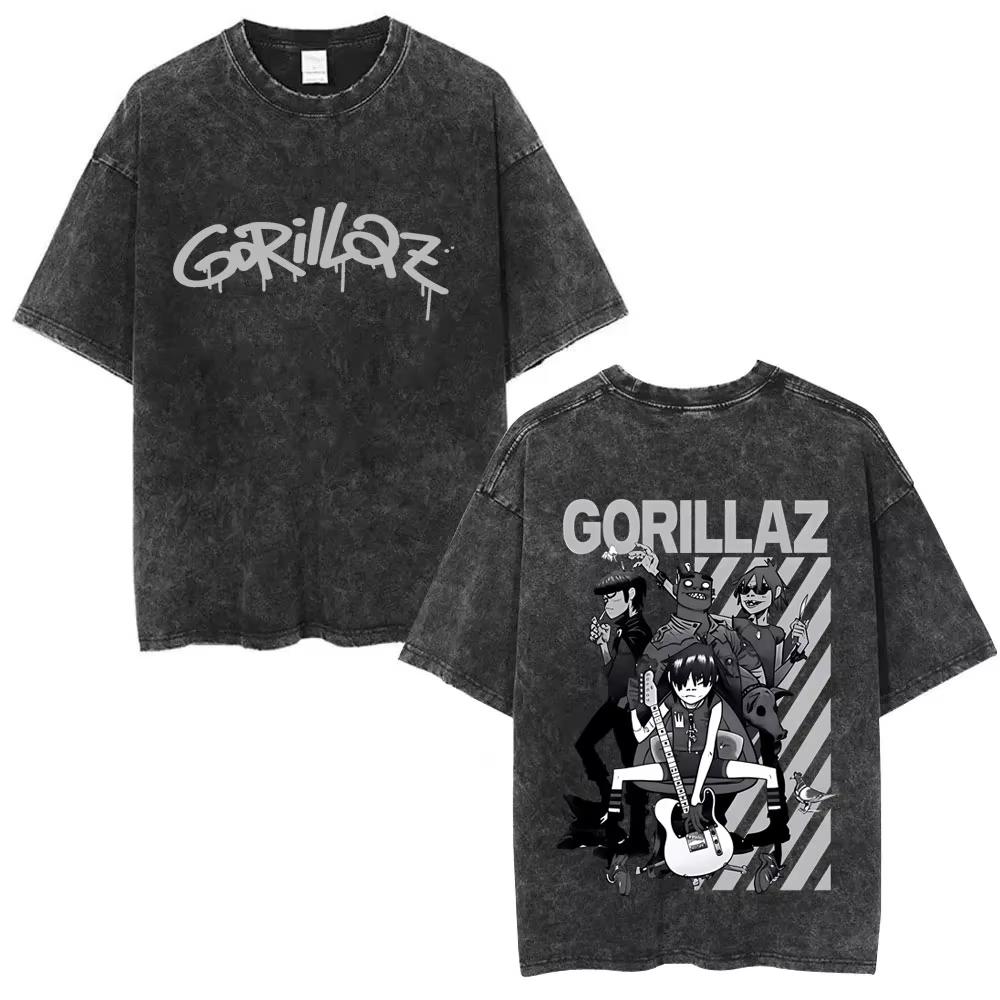Washed Vintage Rock Band Gorillaz Album Graphic T-shirt Men's Women Hip Hop Fashion Oversized T Shirts Male Cotton Streetwear
