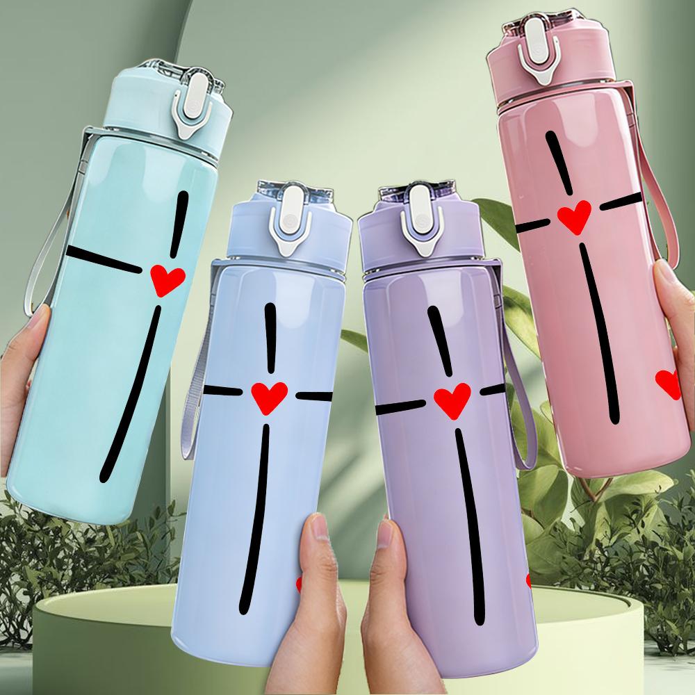 1PC Red Heart Center Cross Faith 750ml Color Plastic Sports Water Bottle Leakproof Flip Straw Lid Suitable for Sports Office Home Use