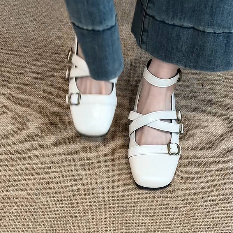 Design sense French retro women's square head shallow mouth single shoes summer fashion cross strap belt buckle Mary Jane shoes