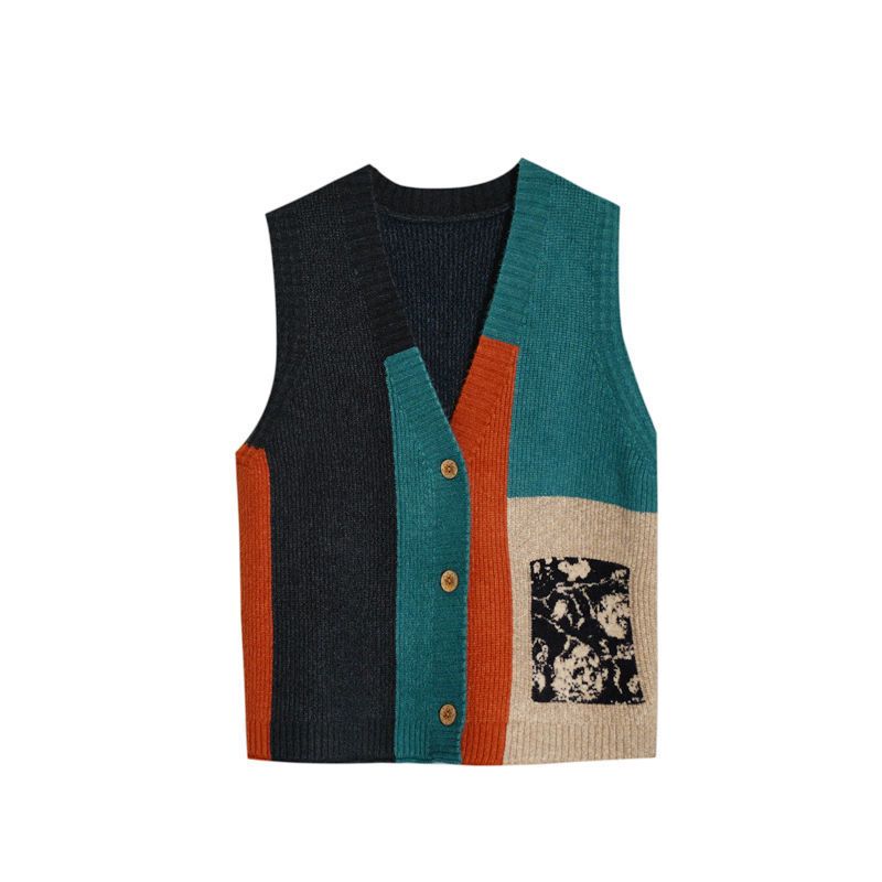 Women Pullover Sleeveless Sweaters Vests V-Neck Patchwork Solid Color Knitted Clothes Autumn Sweaters