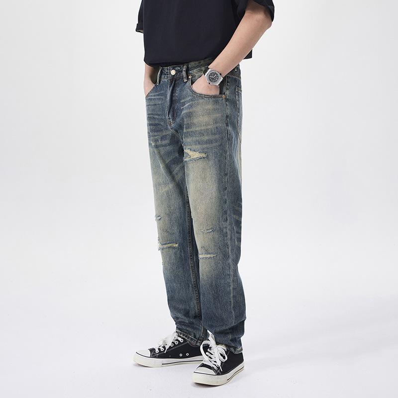 Daddy Jeans Men's Washed Heavy Industry Patch Denim Trendy Brand American Retro Loose Straight Casual Pants Ripped Pants