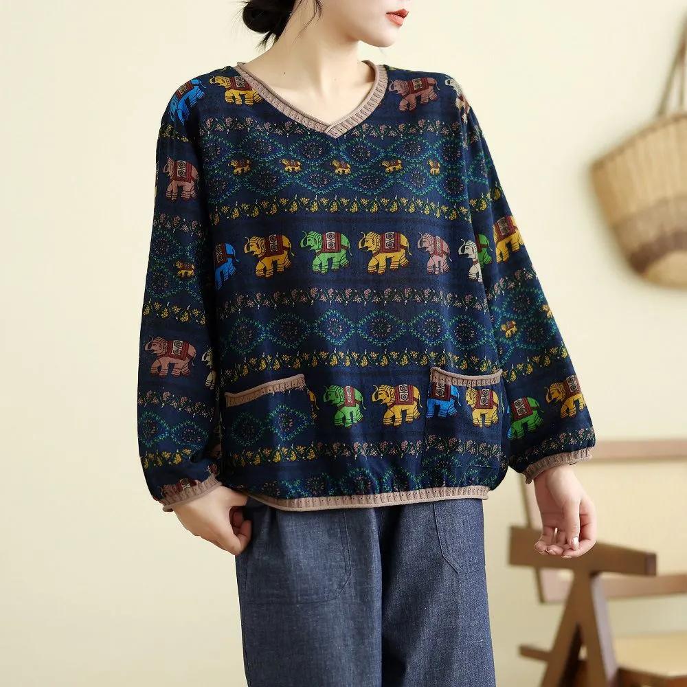 Retro National Style Cotton and Linen Long-sleeved V-neck Bottoming Shirt Women's Spring and Autumn Loose and Thin Linen Pullover T-shirt Top