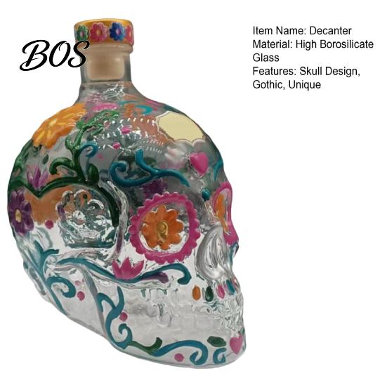 Floral Skull Design Decanter Gothic Decanter, Hand Painted Glass Liquor Bottle with Stained Design, 3D Carved Wine Dispenser for Home Bar, Halloween
