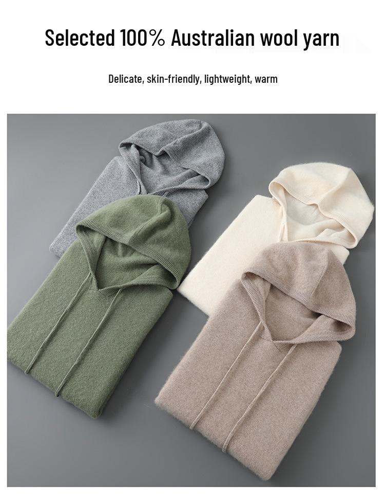 Men's Pure Wool Hoodie - Soft, Comfortable, Long Sleeve Knitwear for Autumn & Winter.