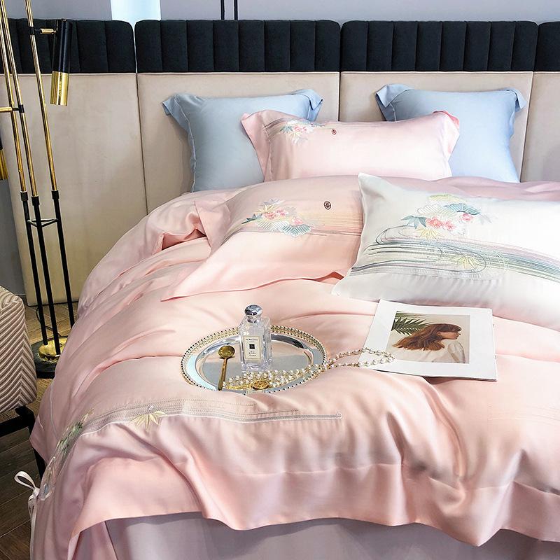 Four-piece Set of Pure Cotton Bedding, Embroidered Skin-friendly and Breathable Quilt Cover, Bed Sheet Quilt Pillowcase Set