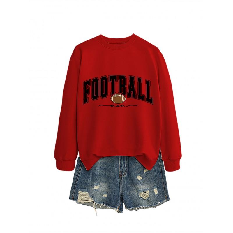 Womens Casual Round Neck Long Sleeve Cotton Sweatshirt With Football Mom Print - Loose Fit Plus Size S-XXL