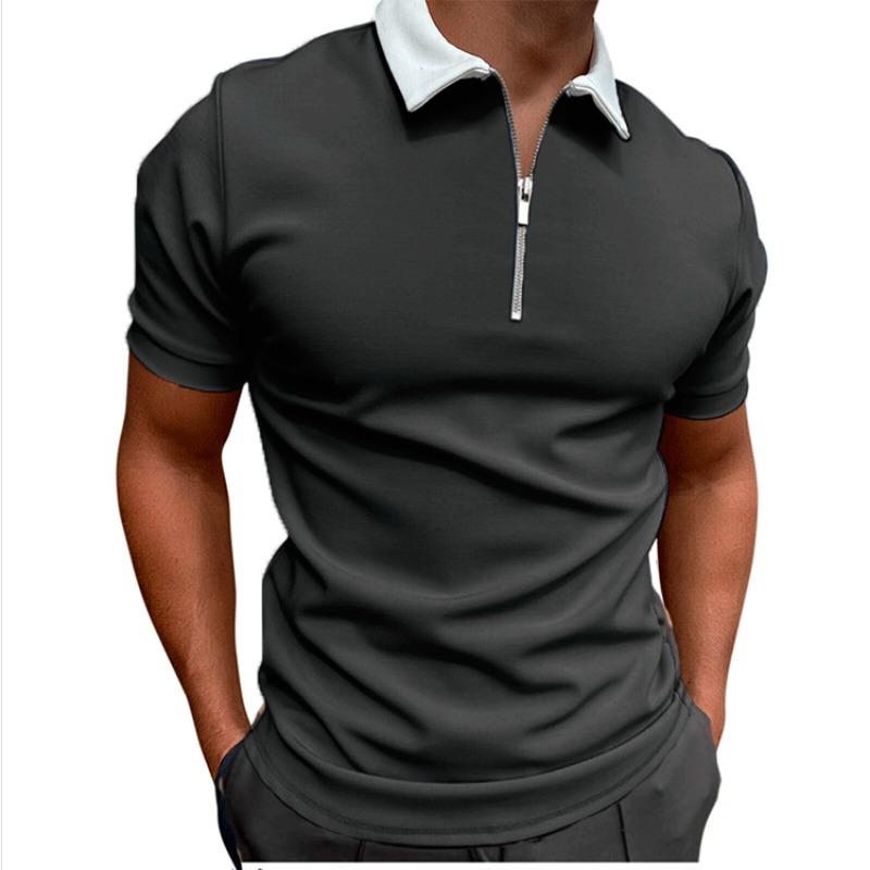 Men Slim Fit Short Sleeve Zip Collar Casual Polo Shirt