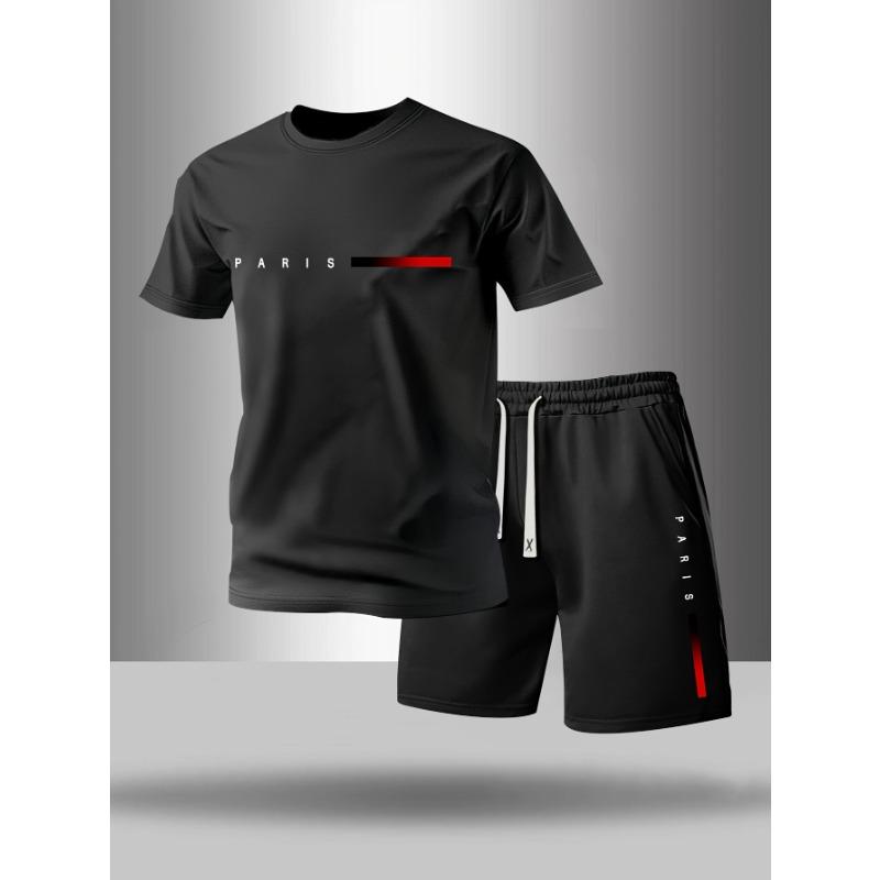 Men s paris letter round neck T-shirt + drawstring waist shorts set S