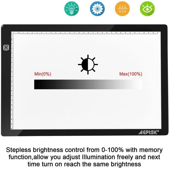 AGPTEK Tablette Lumineuse A4 Avec Luminosité LED Réglable Précise, Fonction Mémoire, l'Adaptateur Secteur Européen Fourni