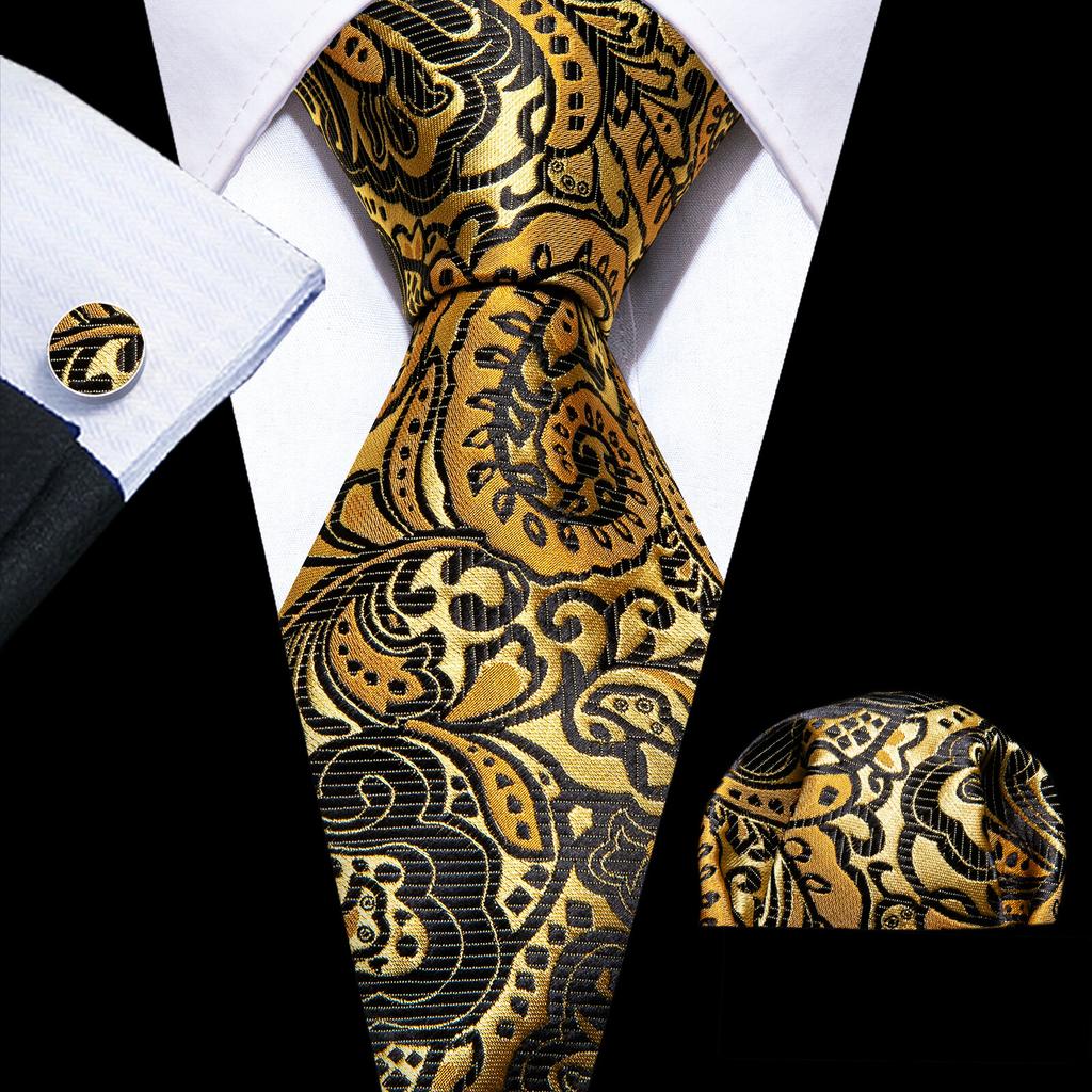 Barry.Wang Floral Ties for Men Woven Paisley Wedding Necktie Handkerchief Cufflinks Formal Casual Set