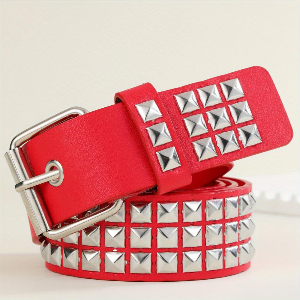 Black Rivet Punk Style Belt with Bright Metal Pyramid Decoration, Suitable for Men and Women