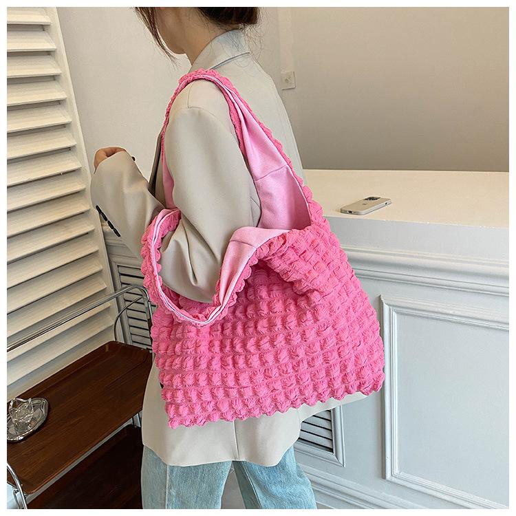 Wrinkle Design Nylon Bucket Bag Open Top Shoulder Crossbody Purse for Women